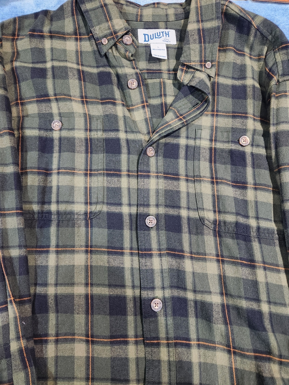 Duluth Trading Co Olive and Navy Plaid Button-Down Shirt
